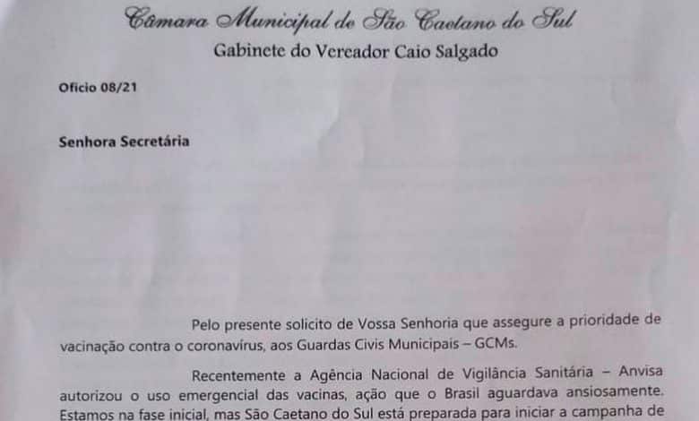 Caio Salgado enviou ofício para a Secretaria de Saúde solicitando inclusão de GCMs no Grupo Prioritário de Vacinação contra a COVID-19